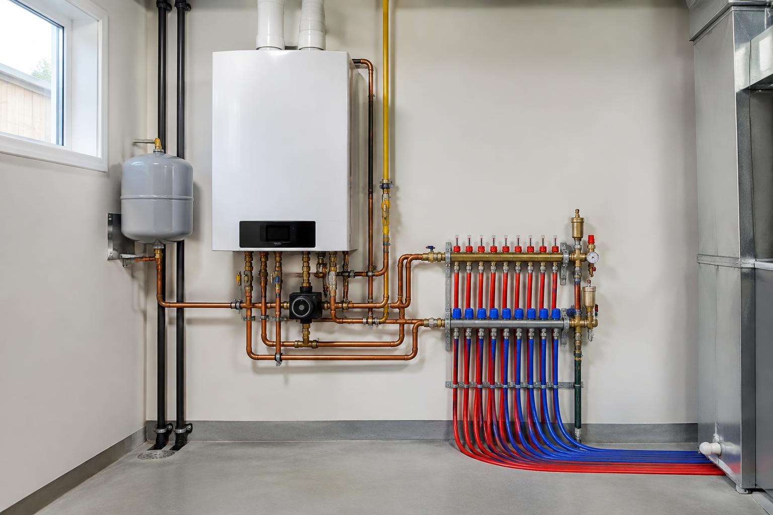 Illustration of a finished combi boiler and hydronic in-floor heating installation