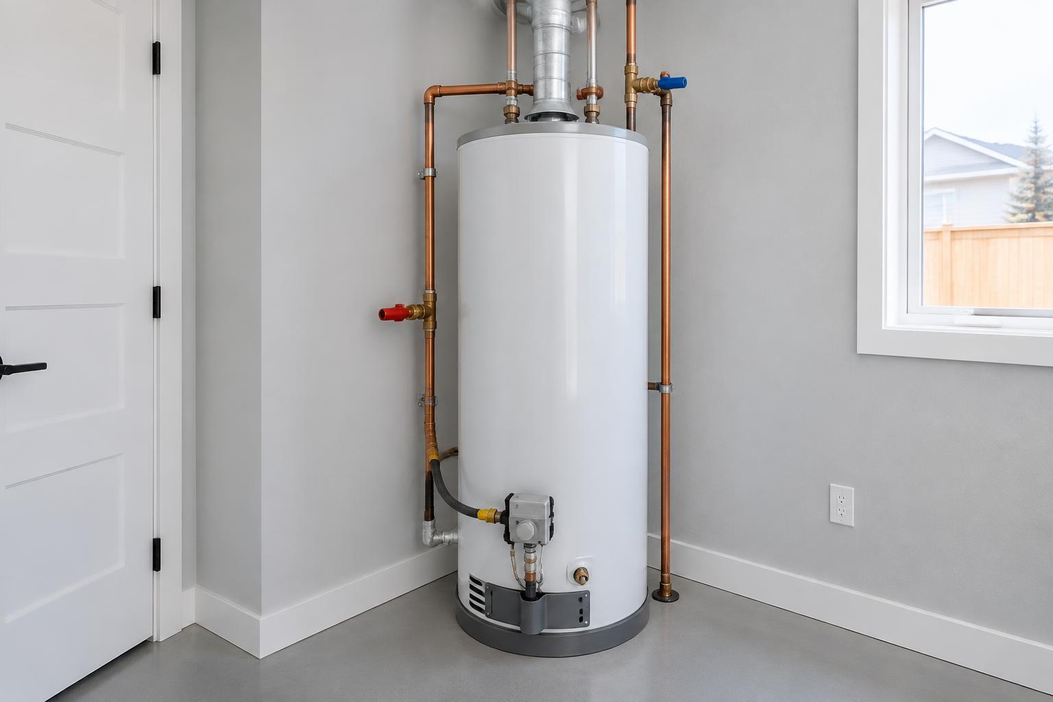 Illustration of a finished residential hot water tank installation