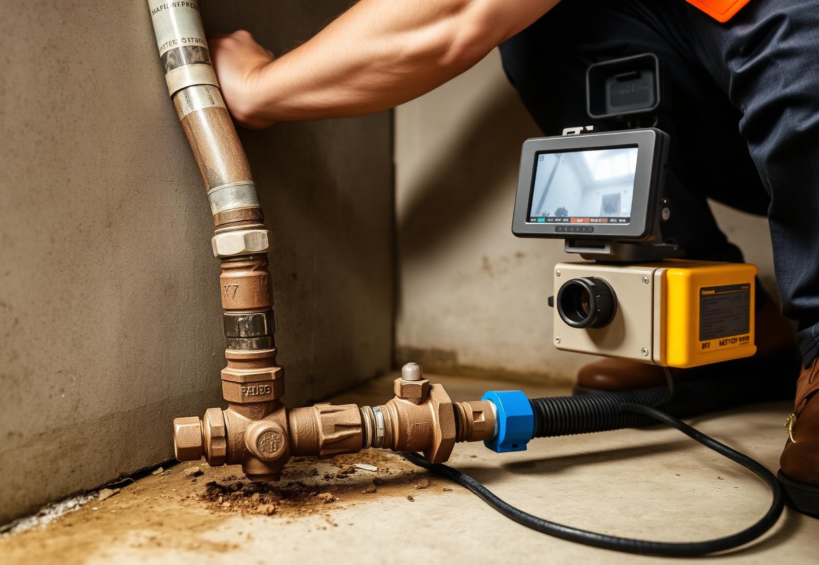 SOBO plumber installing a backwater valve with a sewer camera inspection monitor