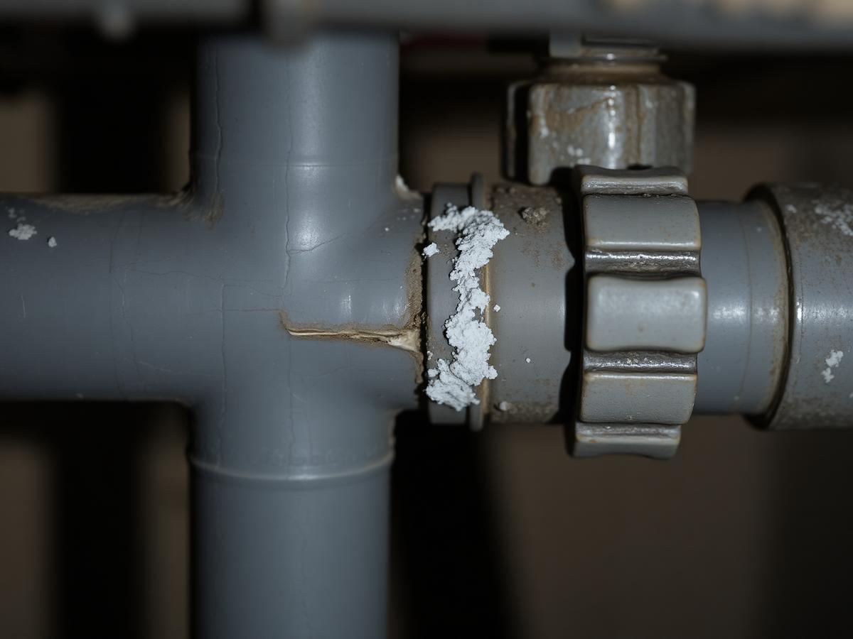 Cracked grey Poly-B pipe with white residue at a failing plastic fitting